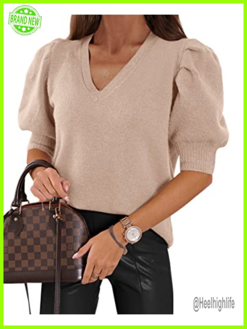 Womens Puff Short Sleeve V Neck Sweater Top Casual Knit Pullover Blouse